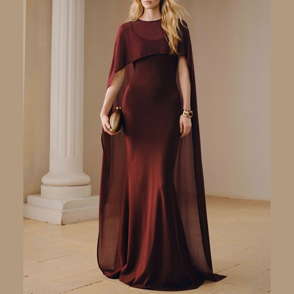 Warm Burgundy Cape Overlay Round Neck Sheath Maxi Dress